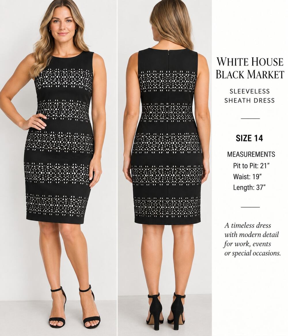 White House Black Market Dress Women 14 Black White Laser Cut Sheath NWT $170